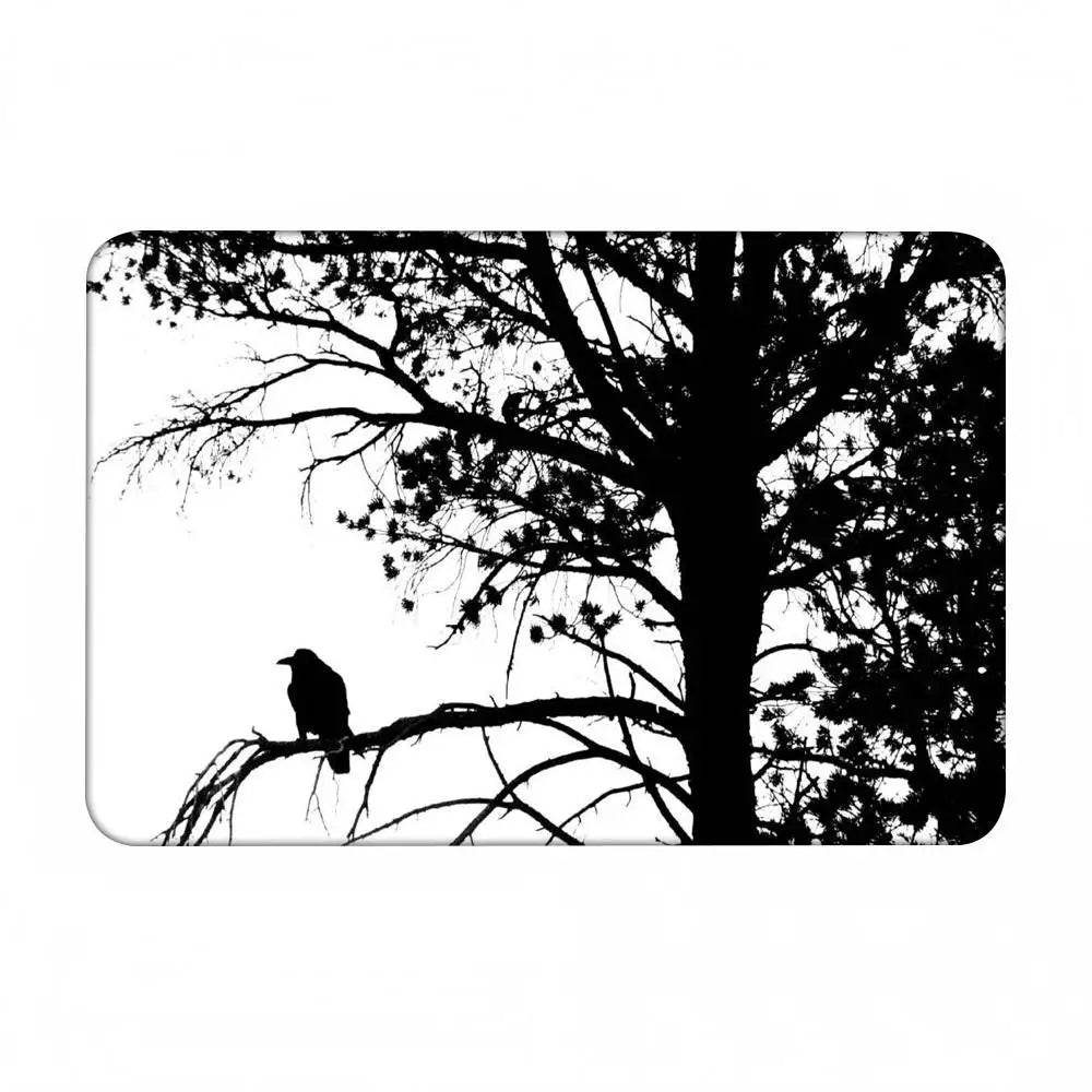 Black And White Mountain Tree Crow Floor Mat Home Bathroom Absorbent Mats Anti-Slip Mats Home Decor Supplies