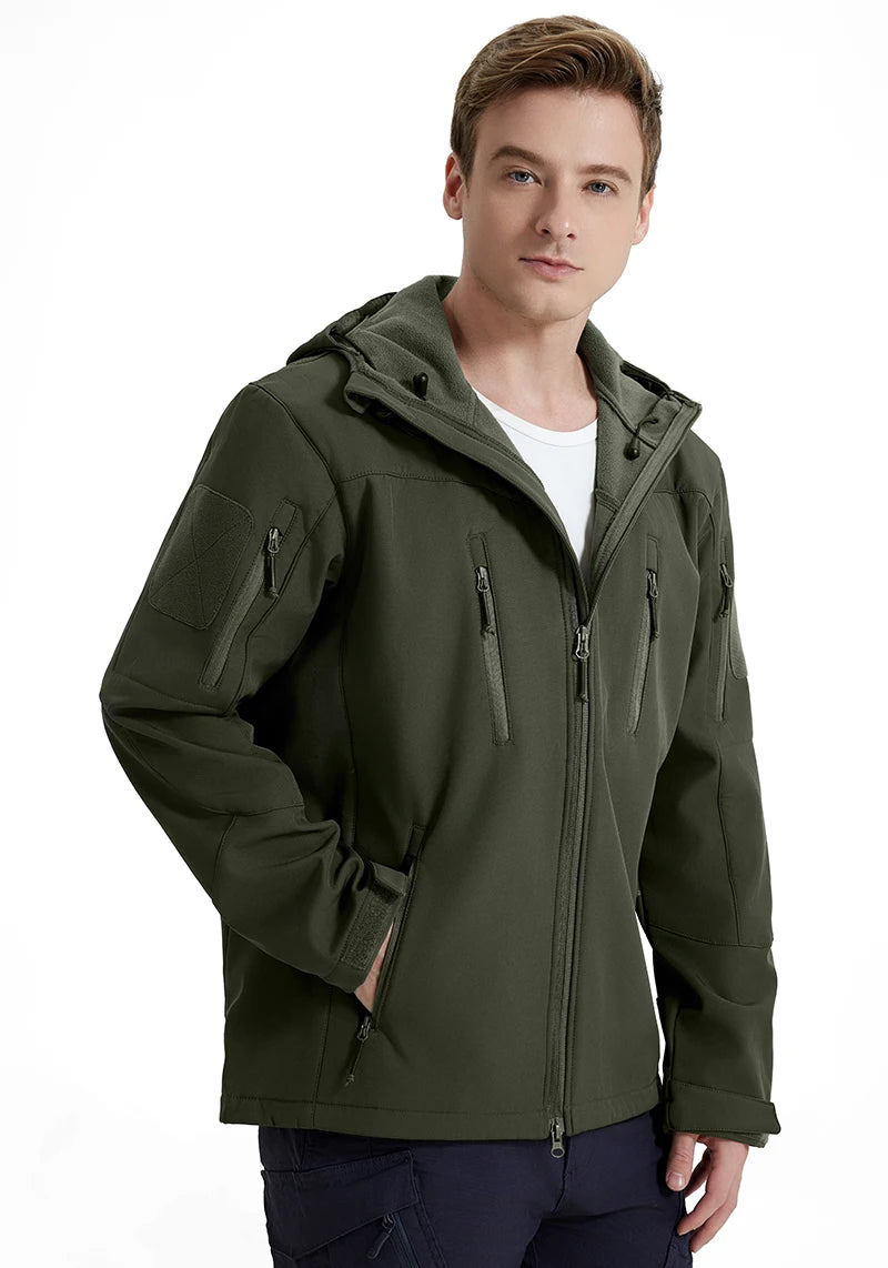 Men's Waterproof Softshell Tactical Jacket Winter Windproof Fleece Hoodie Jacket Outdoor Hiking Skiing Windbreaker Coat