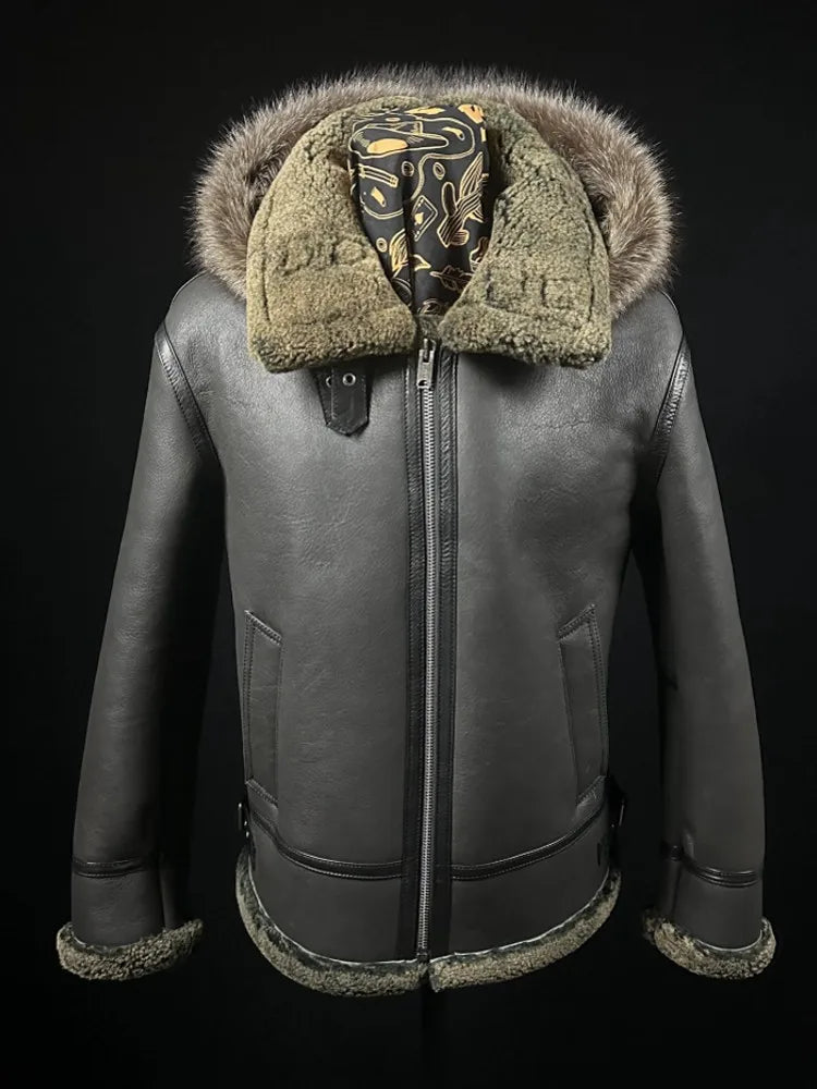 Vintage Mens Winter Warm Real Fur Pilot Jacket Hooded Sheepskin Real Leather Wool Lining Coat Natural Shearling Overcoat L-8XL