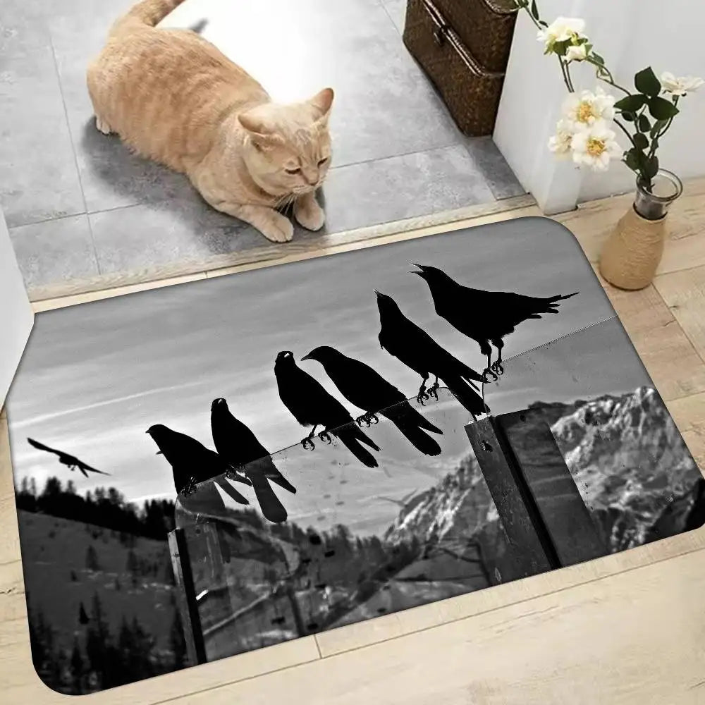 Black And White Mountain Tree Crow Floor Mat Home Bathroom Absorbent Mats Anti-Slip Mats Home Decor Supplies
