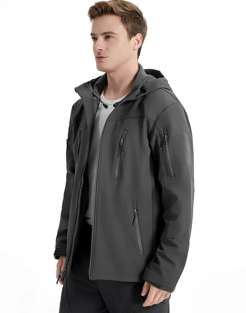 Men's Waterproof Softshell Tactical Jacket Winter Windproof Fleece Hoodie Jacket Outdoor Hiking Skiing Windbreaker Coat