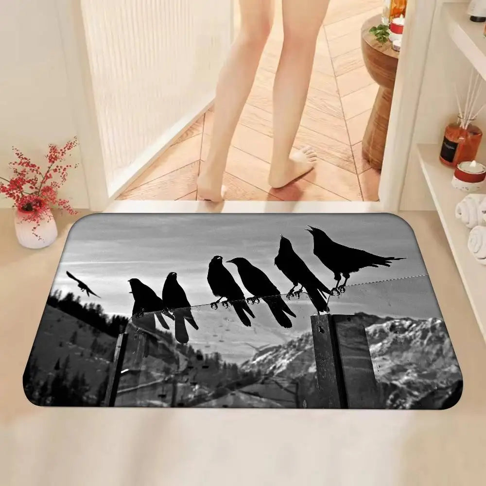 Black And White Mountain Tree Crow Floor Mat Home Bathroom Absorbent Mats Anti-Slip Mats Home Decor Supplies