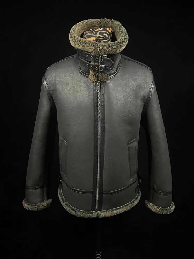 Vintage Mens Winter Warm Real Fur Pilot Jacket Hooded Sheepskin Real Leather Wool Lining Coat Natural Shearling Overcoat L-8XL