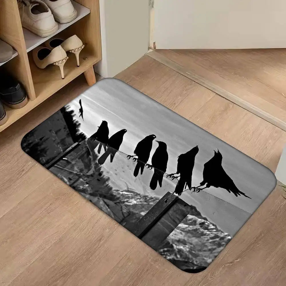 Black And White Mountain Tree Crow Floor Mat Home Bathroom Absorbent Mats Anti-Slip Mats Home Decor Supplies