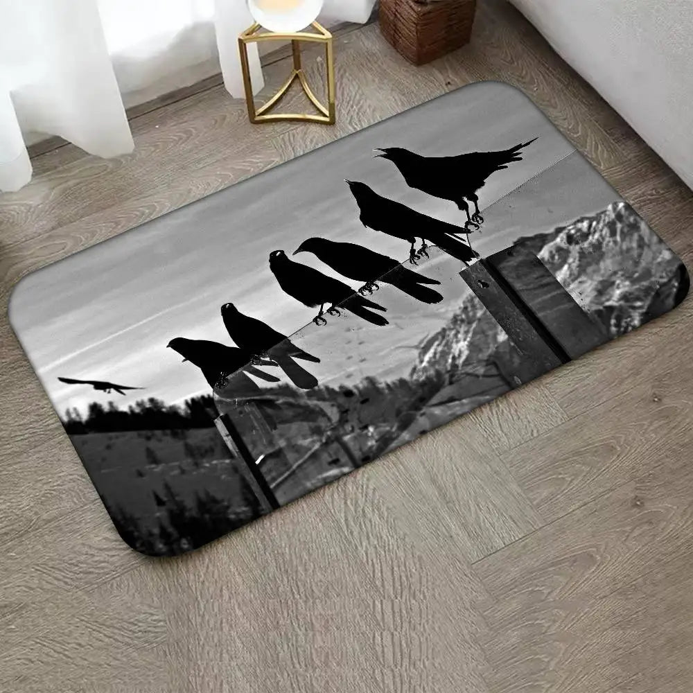 Black And White Mountain Tree Crow Floor Mat Home Bathroom Absorbent Mats Anti-Slip Mats Home Decor Supplies