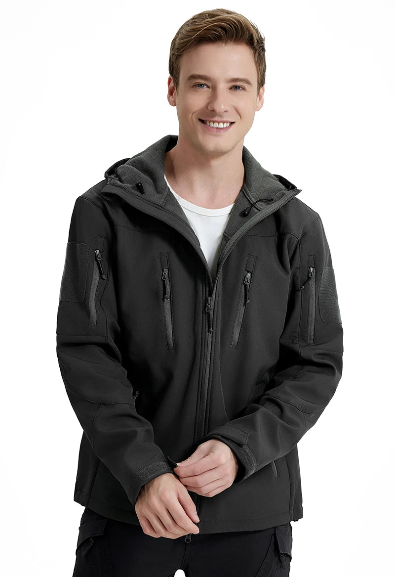 Men's Waterproof Softshell Tactical Jacket Winter Windproof Fleece Hoodie Jacket Outdoor Hiking Skiing Windbreaker Coat