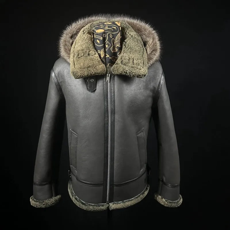 Vintage Mens Winter Warm Real Fur Pilot Jacket Hooded Sheepskin Real Leather Wool Lining Coat Natural Shearling Overcoat L-8XL