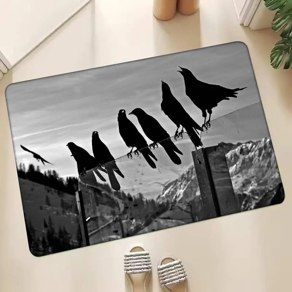 Black And White Mountain Tree Crow Floor Mat Home Bathroom Absorbent Mats Anti-Slip Mats Home Decor Supplies