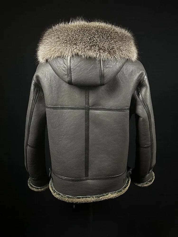 Vintage Mens Winter Warm Real Fur Pilot Jacket Hooded Sheepskin Real Leather Wool Lining Coat Natural Shearling Overcoat L-8XL