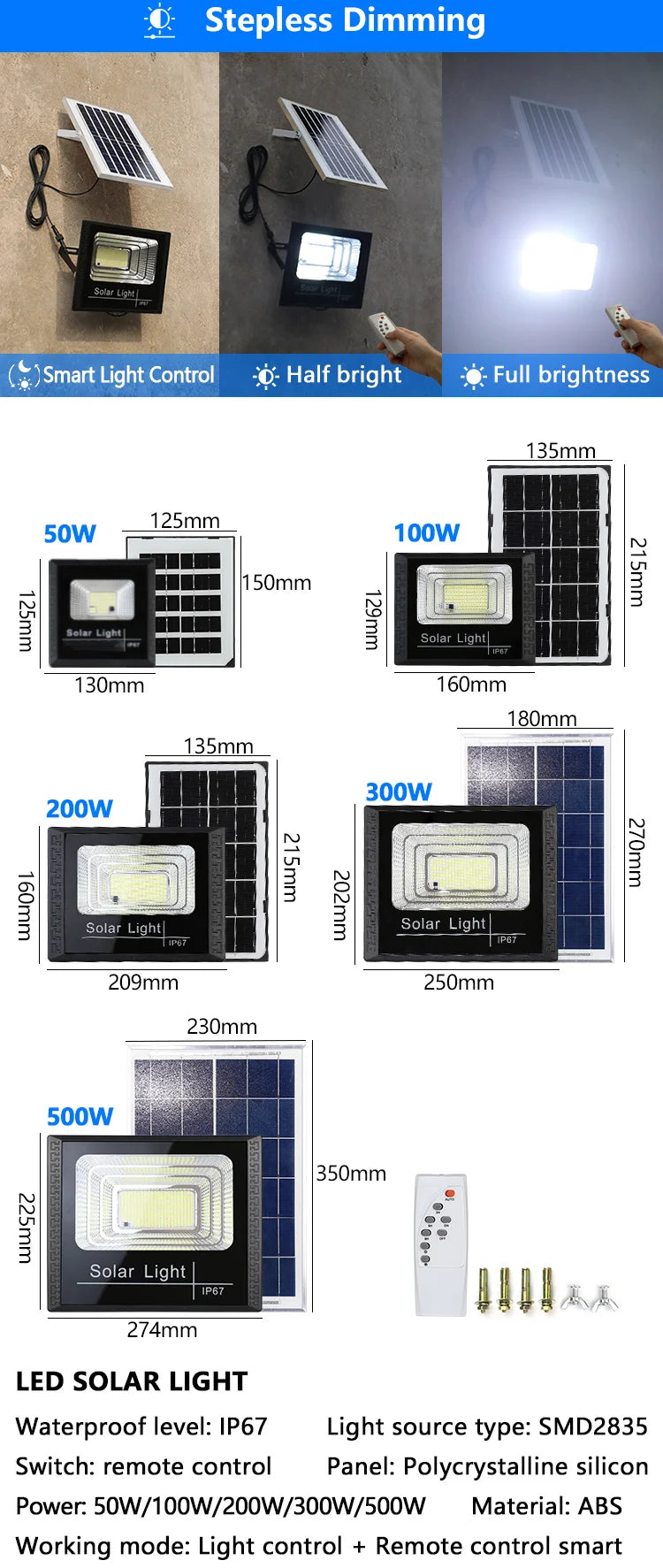 LED Solar Light Flood Lights Outdoor Solar Reflector Spotlights 50w 100w 200w 300w 500w With Remote Control For Garden Street