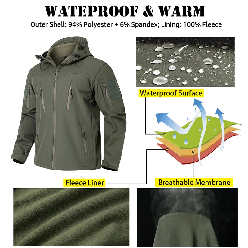 Men's Waterproof Softshell Tactical Jacket Winter Windproof Fleece Hoodie Jacket Outdoor Hiking Skiing Windbreaker Coat