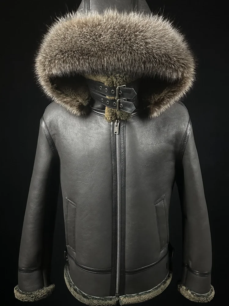 Vintage Mens Winter Warm Real Fur Pilot Jacket Hooded Sheepskin Real Leather Wool Lining Coat Natural Shearling Overcoat L-8XL