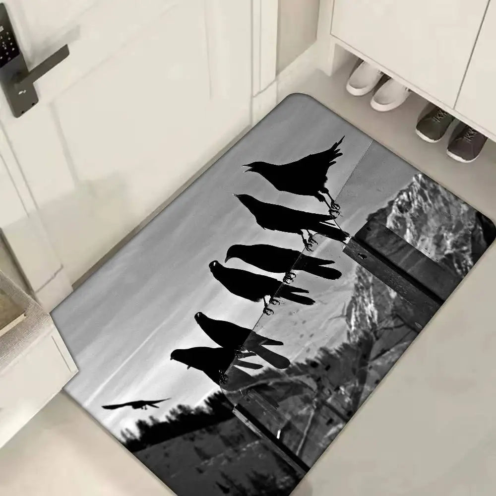 Black And White Mountain Tree Crow Floor Mat Home Bathroom Absorbent Mats Anti-Slip Mats Home Decor Supplies