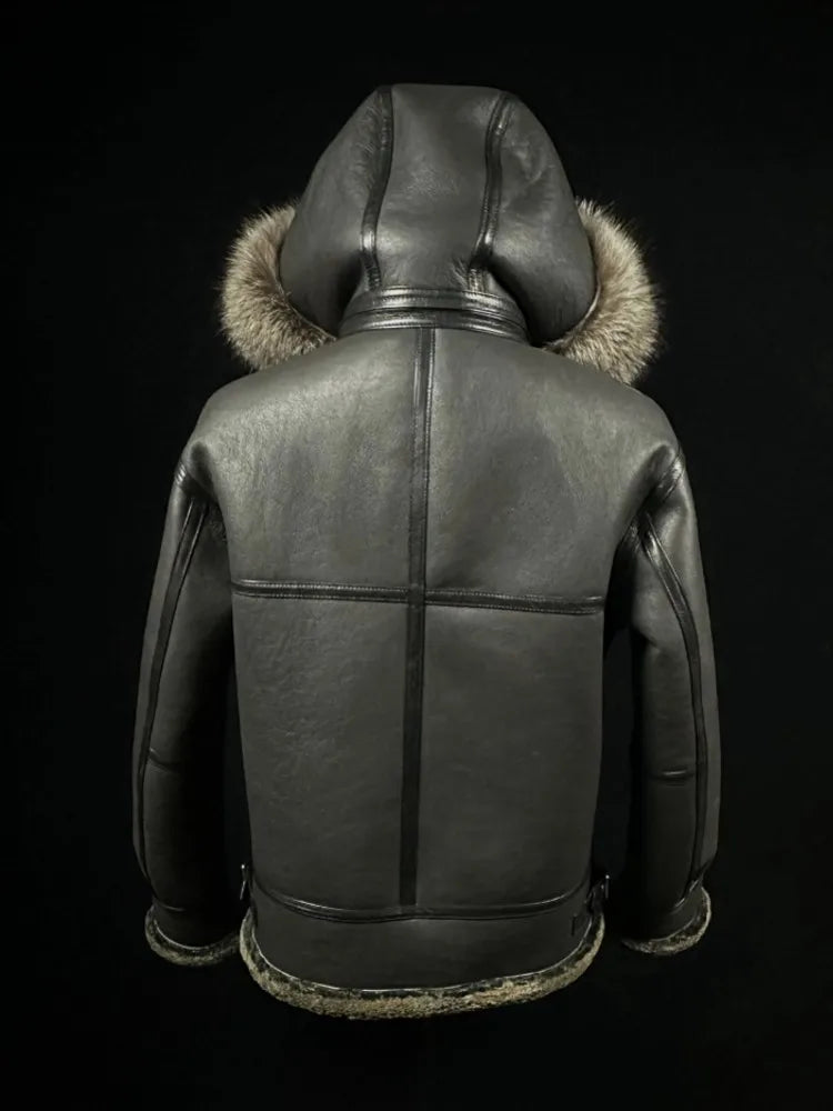 Vintage Mens Winter Warm Real Fur Pilot Jacket Hooded Sheepskin Real Leather Wool Lining Coat Natural Shearling Overcoat L-8XL